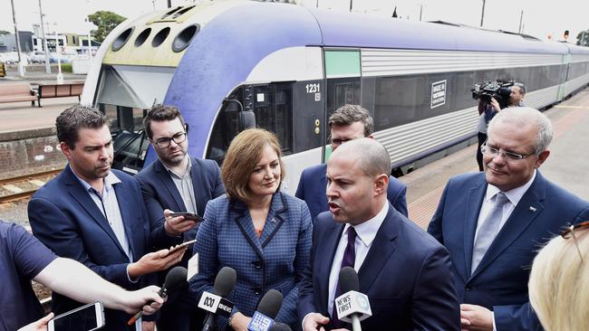 Scott Morrison and his federal colleagues at Geelong station. Picture: Alan Barber