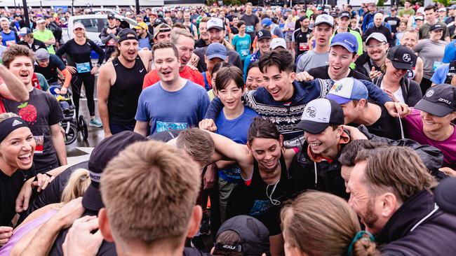 Runners getting fired up before the start of the Point to pinnacle. Picture: Linda Higginson