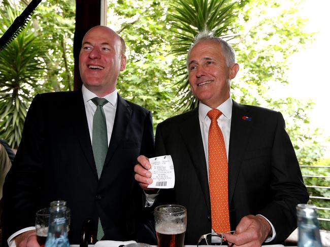 Australian PM Malcolm Turnbull and Trent Zimmerman pictured at the Commodore Hotel. Picture: Sam Ruttyn