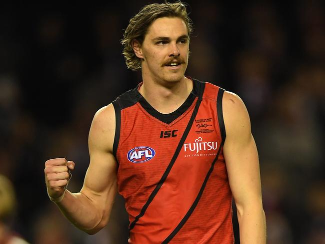 Joe Daniher of the Bombers reacts after kicking a goal during the Round 17 AFL match between the St.Kilda Saints and the Essendon Bombers at Etihad Stadium in Melbourne, Friday, July 14 , 2017. (AAP Image/Julian Smith) NO ARCHIVING, EDITORIAL USE ONLY