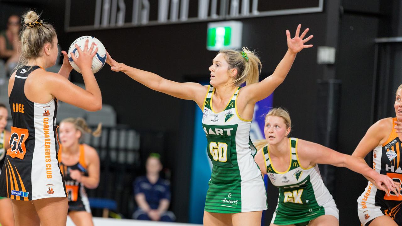 Action from the Jets v Tigers Ruby South Series grand final at the Queensland State Netball Centre.