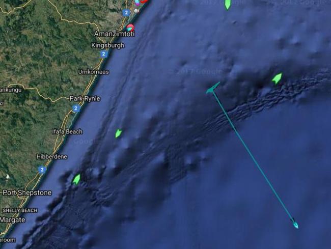 <i>Seabed Constructor </i>tested out its equipment in waters off South Africa on Thursday before resuming its journey to Perth. Its progress is marked by the blue line on the map. Picture: MarineTraffic.com