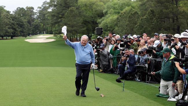 Jack Nicklaus after playing his shot during the first tee ceremony prior to the first round of the Masters at Augusta National Golf Club. Picture: AFP