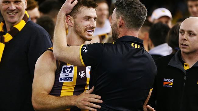 Whitecross celebrates the 2018 Box Hill VFL premiership with coach Chris Newman. Picture: Michael Dodge/AFL Media/Getty Images