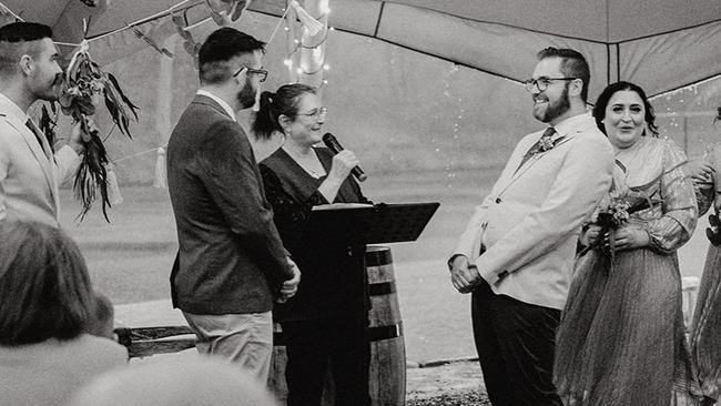 Jake and Shaun, 34 at the wedding ceremony in Cudlee Creek, South Australia. Picture: Supplied