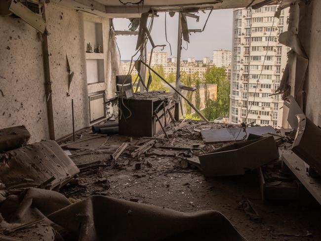 A view of an apartment damaged by debris of a Russian intercepted drone, in a residential building on May 8, 2023 in Kyiv, Ukraine. Picture: Getty Images