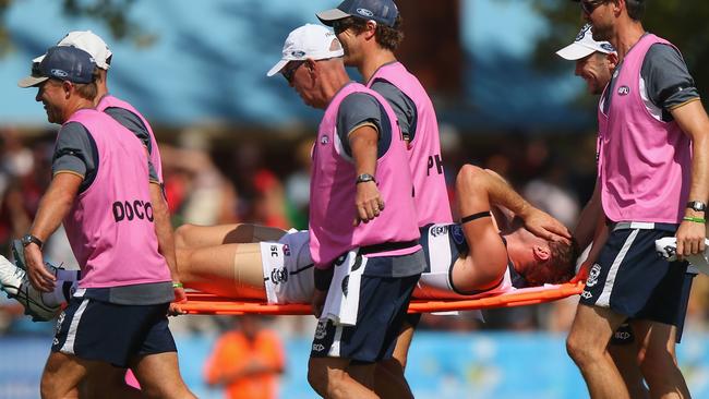 Jackson Thurlow is stretchered off after injuring his knee on Saturday. Picture: Getty Images
