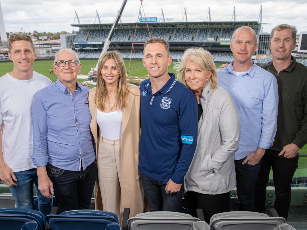 The Selwood Family L-R Scott, Bryce, Brit, Joel, Maree and Troy and Adam as Joel Selwood announces retirement at GMHBA stadium along with wife Brit, coach Chris Scott and Steve Hocking. Picture: Jason Edwards