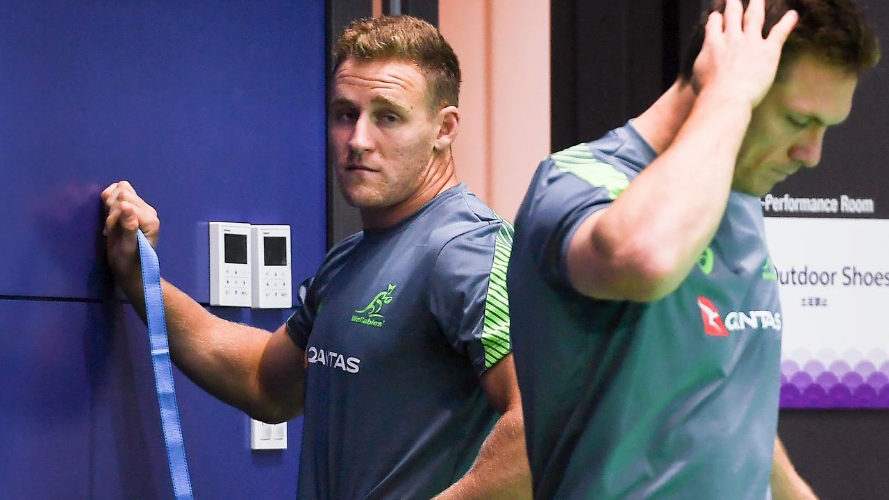 Australia’s Reece Hodge and Dane Haylett-Petty take part in a gym training session.