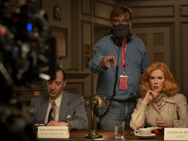 Director Aaron Sorkin and Nicole Kidman on the film set.