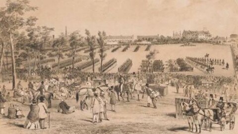 The Volunteer Forces on parade in the Outer Domain in Sydney in 1861. Here Adelaide presented her war banner to the Volunteer Corps of NSW in 1855 shortly before sailing for London. Picture: State Library of NSW