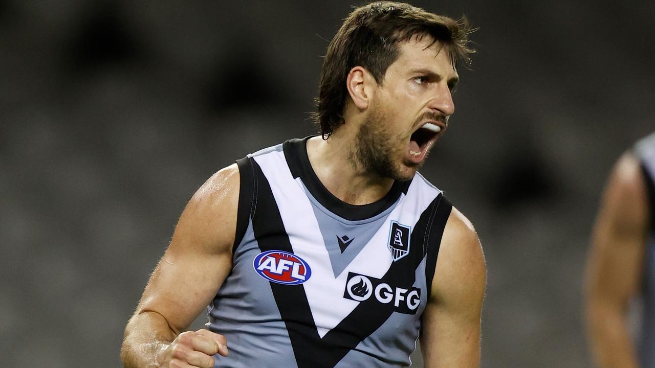 Sam Mayes celebrates a goal during the seesawing contest with St Kilda. Picture: AFL Photos via Getty Images