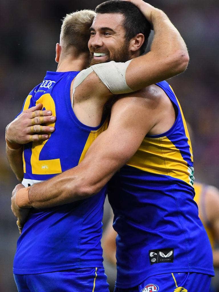 Oscar Allen and Josh. Kennedy of the Eagles celebrate a goal in the win over Collingwood on Friday night. Picture: Getty Images