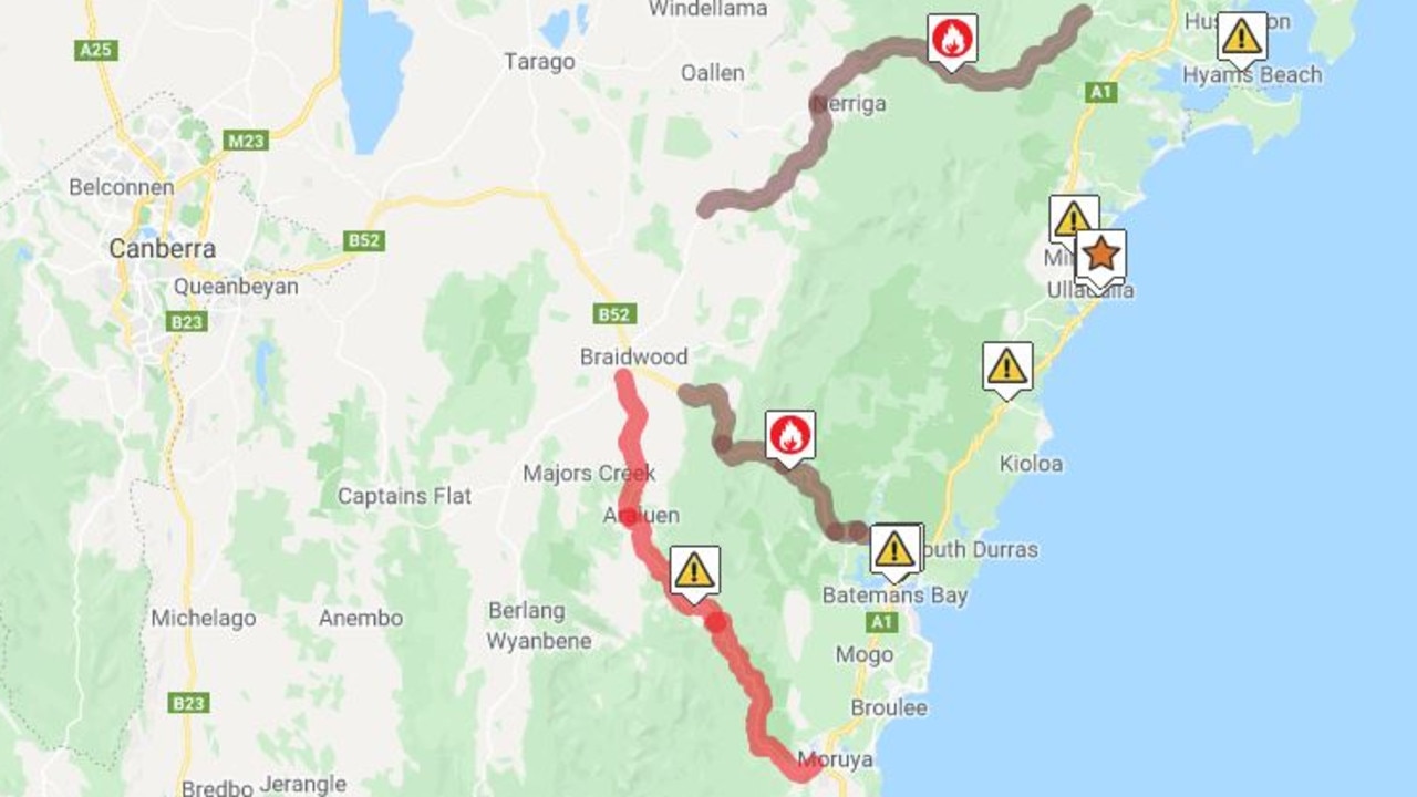 Road closures between the Southern Tablelands and South Coast. Picture: Live Traffic NSW