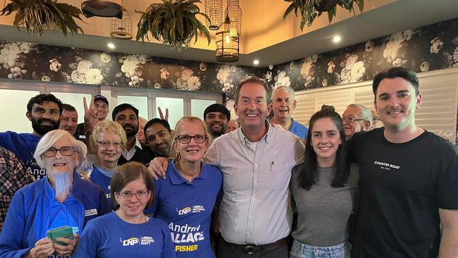 Fisher MP Andrew Wallace with his family and friends at Parklands Tavern on Saturday night.