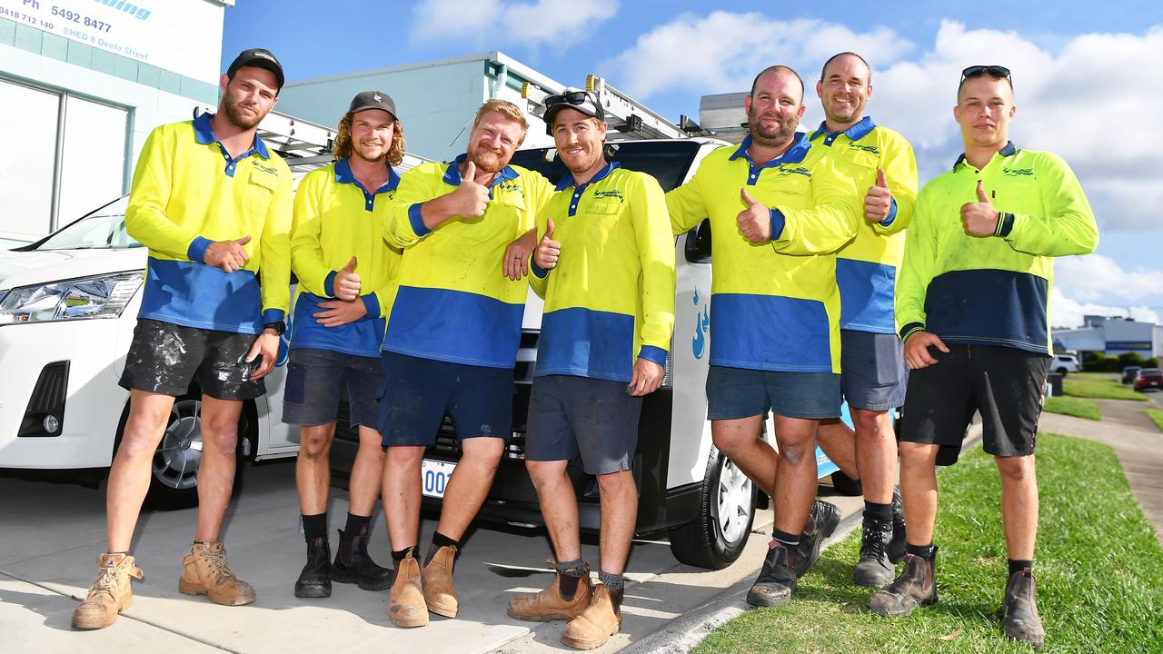 McArthur plumbing has been voted as the Sunshine Coast's best plumber. Pictured, Jayden Holt, Lockie Hennessy, Mat Elkington, Ben Scarlett, owner Ryan McArthur, Ben Watts and Cain McKean. Photo: Patrick Woods.