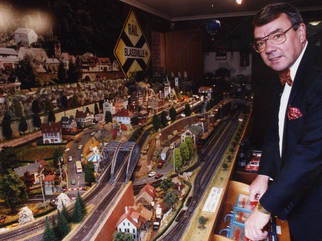 Winemaker Wolf Blass pictured with a $30,000 train set at his home in June 1993.