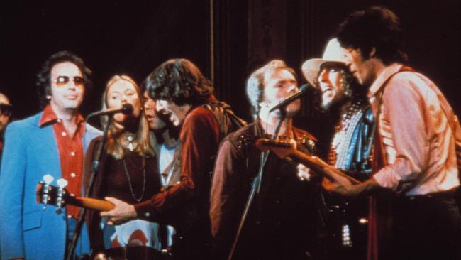 Dr John, Neil Diamond, Joni Mitchell, Neil Young, Rick Danko, Van Morrison, Bob Dylan and Robbie Robertson perform in The Last Waltz, circa 1978.