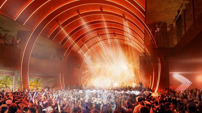 Renders of a Gold Coast City Council proposal to redevelop the Surfers Paradise Transit Centre into a town hall style venue