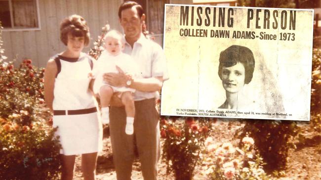 Colleen Adams with her husband Geoffrey and one of their children. Her body was found under a concrete slab at their former home in Maitland in 2018.