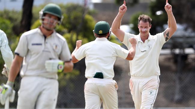 Yarraville Club paceman Emmett Bronca celebrates a wicket in last season’s grand final. Picture: Mark Dadswell