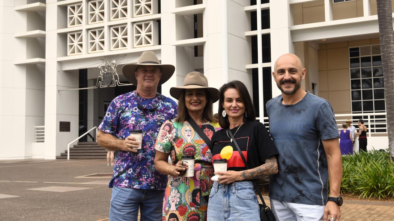 Brett Martin, 2021 NT Local Hero Erica Gibson, Holly Gurruwiwi, Marco Senia at the Darwin No More Violence rally at Parliament House, 2024. Picture: Sierra Haigh