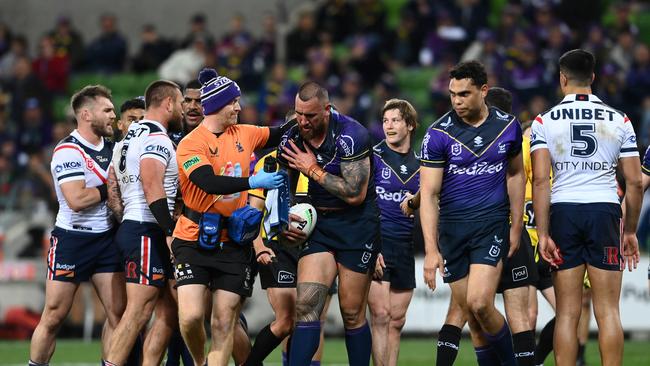 Nelson Asofa-Solomona of the Storm reacts after an injury. Picture: Quinn Rooney/Getty Images