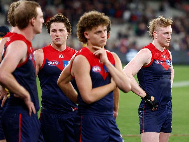 MELBOURNE, AUSTRALIA - APRIL 11: Clayton Oliver of the Demons looks dejected after a loss during the 2024 AFL Round 05 match between the Melbourne Demons and the Brisbane Lions at the Melbourne Cricket Ground on April 11, 2024 in Melbourne, Australia. (Photo by Michael Willson/AFL Photos via Getty Images)
