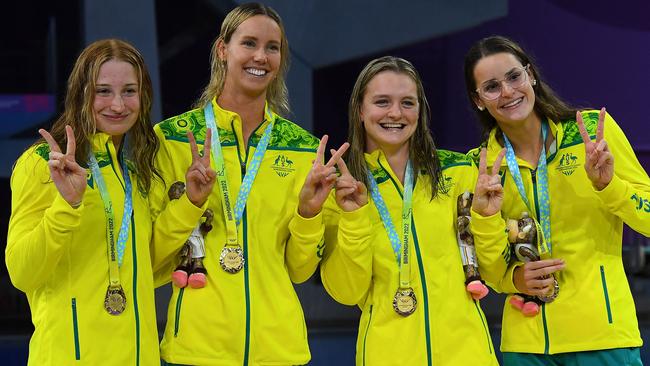 Gold medallists Australia's Mollie O'Callaghan, Emma McKeon, Chelsea Hodges and Kaylee McKeown in Birmingham. All are slated to race.