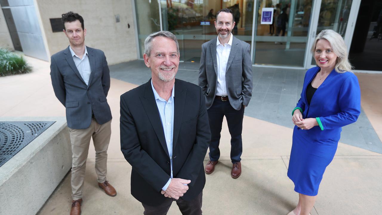 (L-R) Associate Professor Keith Chappell, Professor Paul Young, Professor Trent Munro and Innovation Minister Kate Jones. Picture: Annette Dew