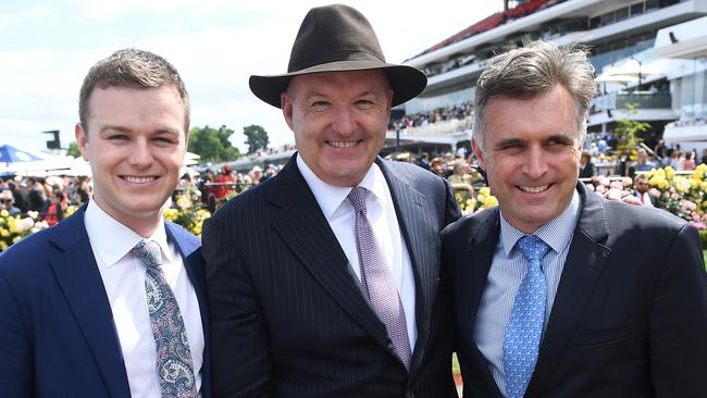 Ben Hayes, David Hayes and Tom Dabernig after Jaameh’s triumph. Picture: AAP