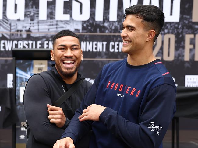 Aokuso (L) with nephew, Roosters superstar Joseph Aokuso-Suaalii, who walked the boxer to the ring last year. Picture: Mark Metcalfe/Getty Images