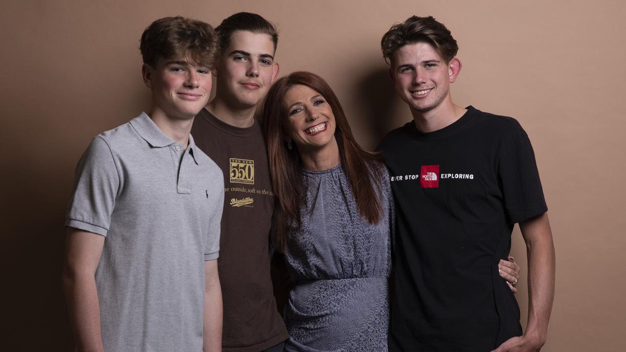 Brisbane radio presenter Robin Bailey and her three sons Fin, Lewin and Piper, pictured in 2020. Photo: Mark Cranitch.