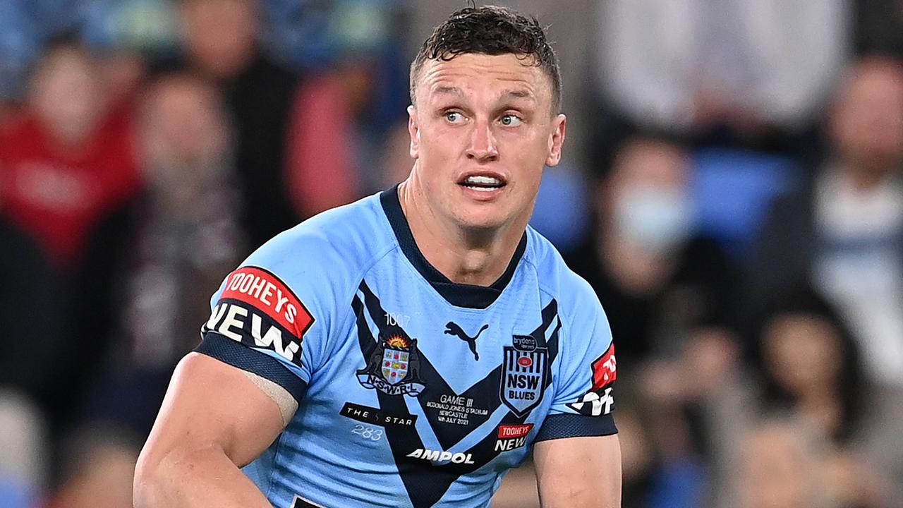 GOLD COAST, AUSTRALIA - JULY 14: Jack Wighton of the Blues runs the ball during game three of the 2021 State of Origin Series between the New South Wales Blues and the Queensland Maroons at Cbus Super Stadium on July 14, 2021 in Gold Coast, Australia. (Photo by Bradley Kanaris/Getty Images)