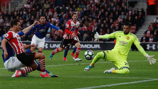 Manchester United's Argentinian goalkeeper Sergio Romero makes a save.