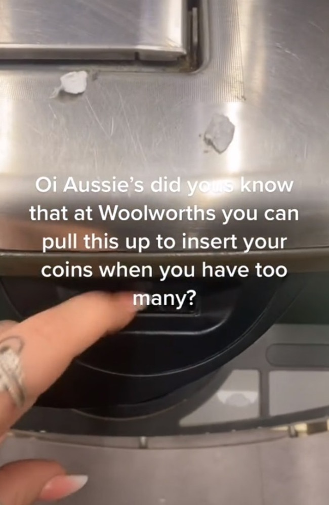 A TikTok video has gone viral for showing a quicker way to dump coins in the self-checkout slot. Picture: TikTok