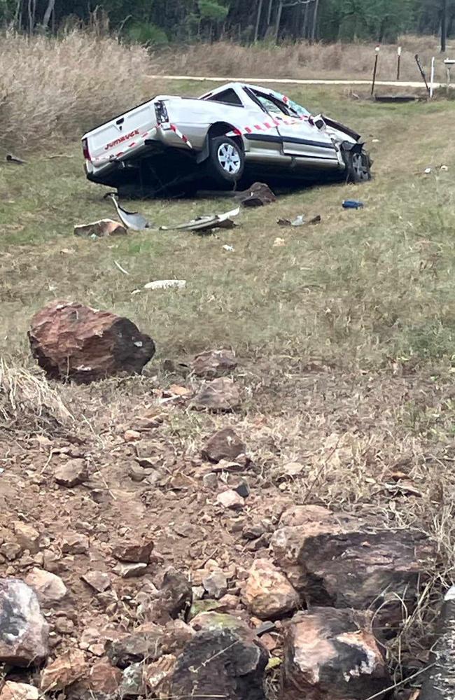 A photograph after a white utility vehicle rolled on the Bruce Highway near Eleanor Creek in Coolbie at 3.30pm on Monday. Picture: Supplied