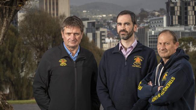 United Firefighters Union Australia, Branch President Mark Dobson, Industrial Organiser Stephen McCallum and Branch Secretary and National President Leigh Hills at Hobart. Picture: Chris Kidd