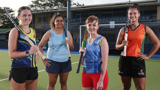 The Cairns Hockey All Stars League pre-season competition starts on Friday night. Shaylee Atkinson, Jarrah Flinders, Katie Pittendreigh and Jess Fatnowna are ready to compete. Picture: Brendan Radke