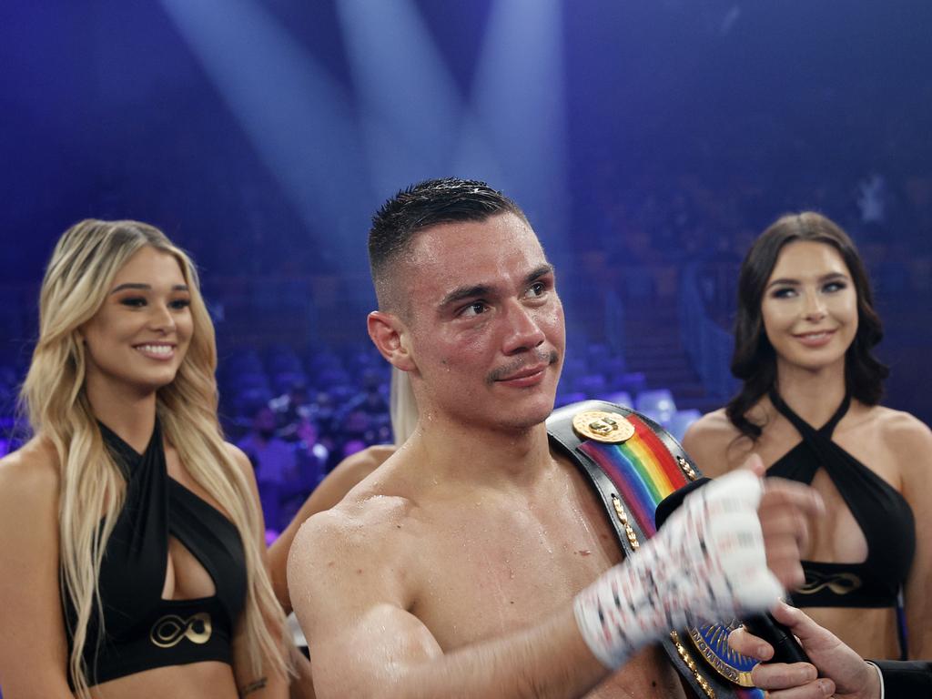 NEWCASTLE, AUSTRALIA – JULY 07: Tim Tszyu is interviewed after beating Stevie Sparks during the WBA Oceania WBO Global super welterweight title fight between Tim Tszyu and Stevie Spark at Newcastle Entertainment Centre on July 07, 2021 in Newcastle, Australia. (Photo by Mark Evans/Getty Images)