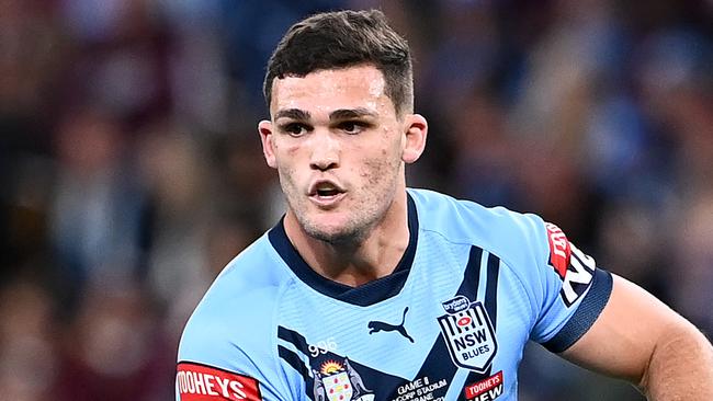 BRISBANE, AUSTRALIA - JUNE 27: Nathan Cleary of the Blues runs the ball during game two of the 2021 State of Origin series between the Queensland Maroons and the New South Wales Blues at Suncorp Stadium on June 27, 2021 in Brisbane, Australia. (Photo by Bradley Kanaris/Getty Images)