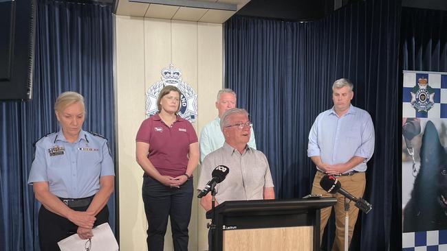 Cairns Mayor Terry James addresses the media on the ongoing response after Cyclone Jasper and the subsequent flooding. (Back) Police Commissioner Katarina Carroll, Disaster Recovery Minister Nikki Boyd, Member for Cairns and Tourism and Sport Minister Michael Healy, Police and Community Safety Minister Mark Ryan. Photo: Dylan Nicholson