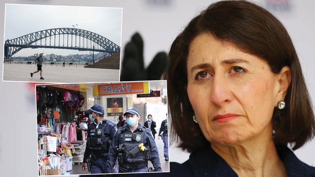 Gladys Berejiklian has tightened restrictions on Sydney: Police patrol Fairfield this morning, and a lone runner at Sydney Harbour Bridge.