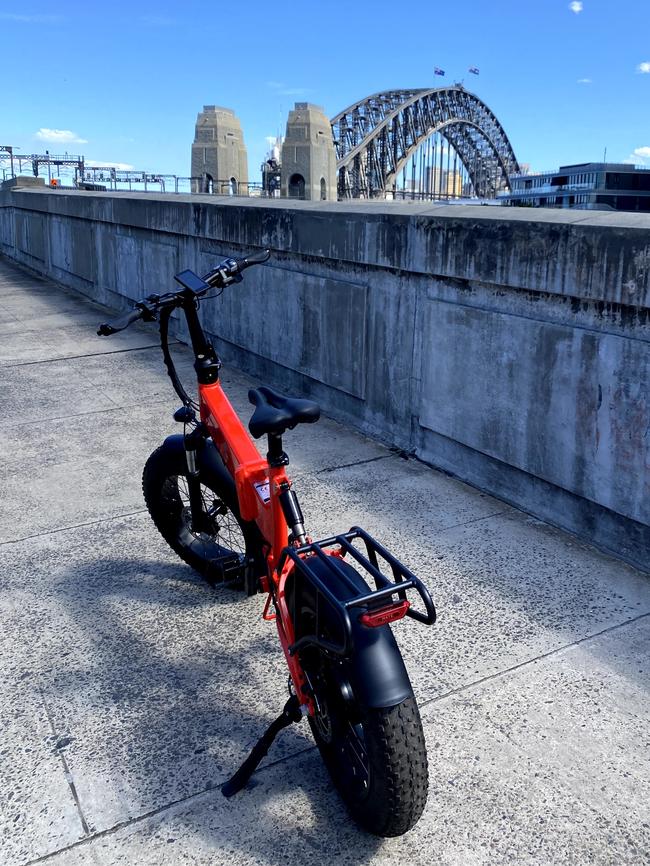 The Mate X e-bike on the bike path to the Sydney Harbour Bridge.