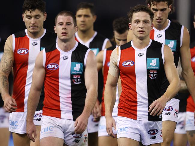 AFL Round 10. 22/05/2021.  Western Bulldogs vs St Kilda at Marvel Stadium.  Disappointed St Kilda players walk off Marvel Stadium after tonights loss  .  Pic: Michael Klein