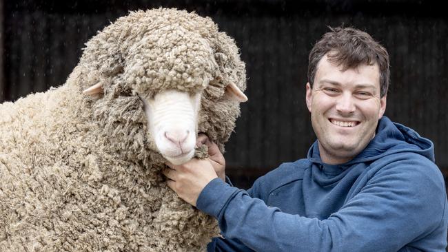 Mt Challicum Merinos’ Chris Hartwich with a Merino ram. Picture: Zoe Phillips