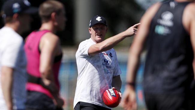 New coach Michael Voss issues the orders to his troops at Ikon Park. Picture: AFL Photos via Getty Images