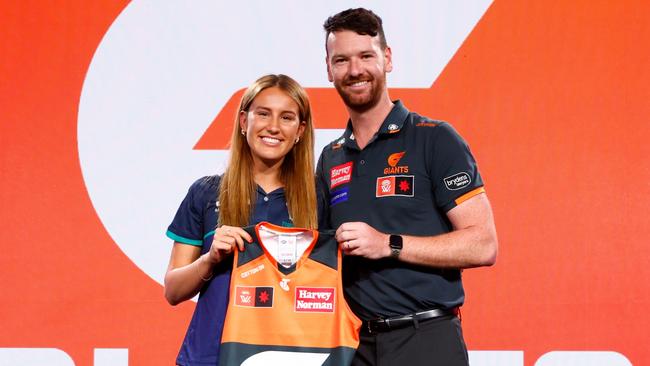 Pick 3 in the 2023 AFLW Draft Kaitlyn Srhoj with Giants coach Cameron Bernasconi. Picture: Dylan Burns/AFL Photos