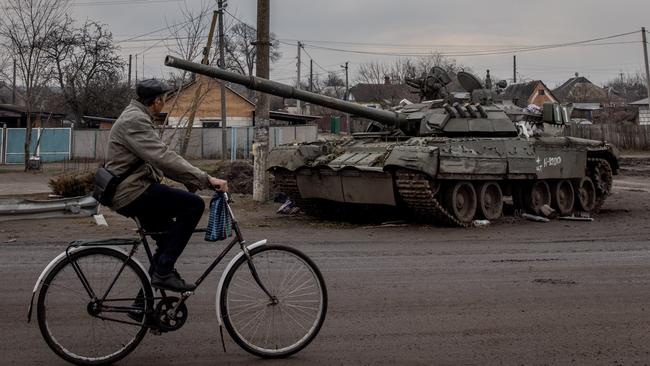 A destroyed Russian tank in Trostyanets, Ukraine. Russia has been accused of leaving corpses in tanks. Picture: Getty Images