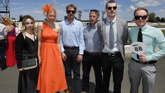 Ladbrokes Sale Cup. Racegoers are pictured attending Cup Day horse races at Sale Turf Club, Sunday 27th October 2024. Talisha Conyers, Mia Duncan, Jazz Smith, Noah Lawless, Dale Smith and Ryan Bradley. Picture: Andrew Batsch